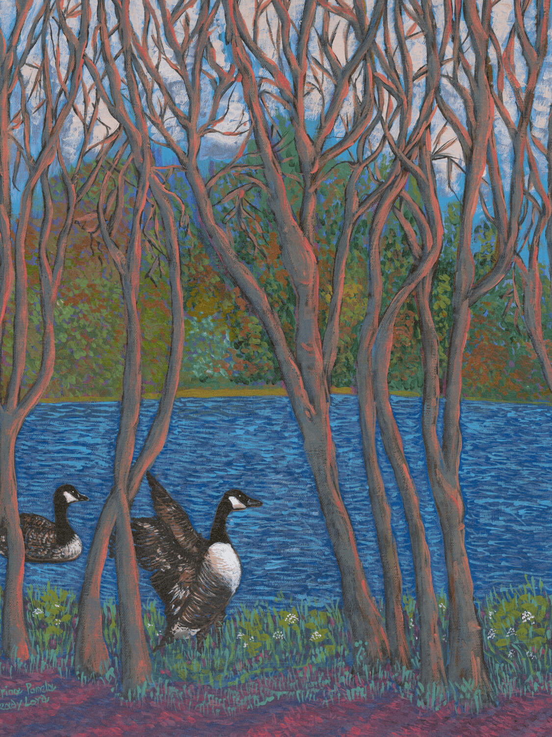 Print of acrylic fine arts painting of Canada geese in a forest beside a stream or river. Painting by a Canadian artist.